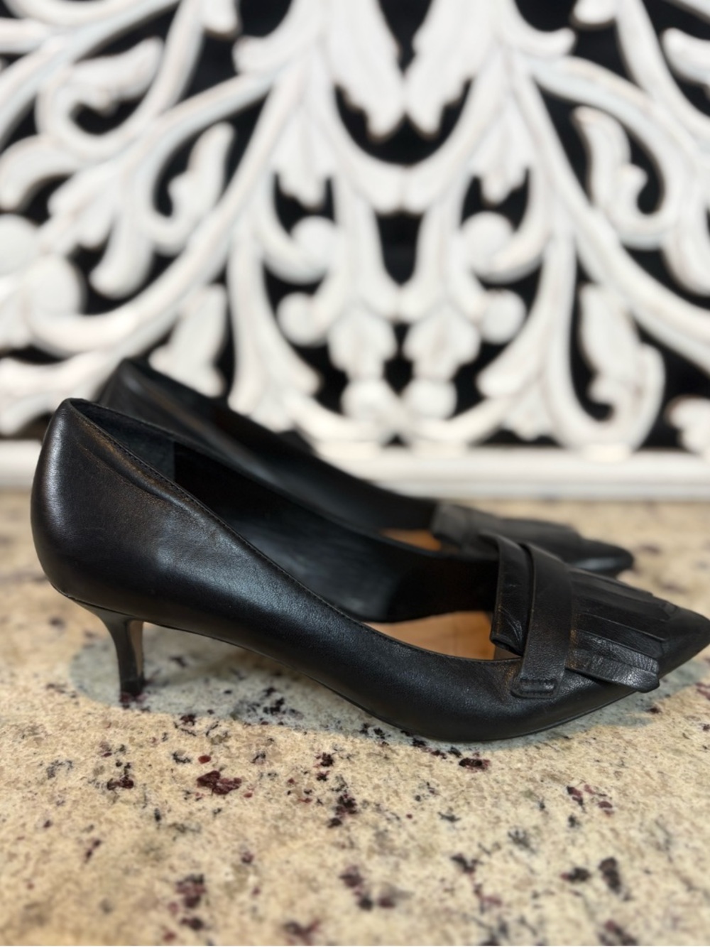 Aldo Womens Black Leather Pointed Fringe Kitten Heels Size 6.5 - Picture 5 of 15
